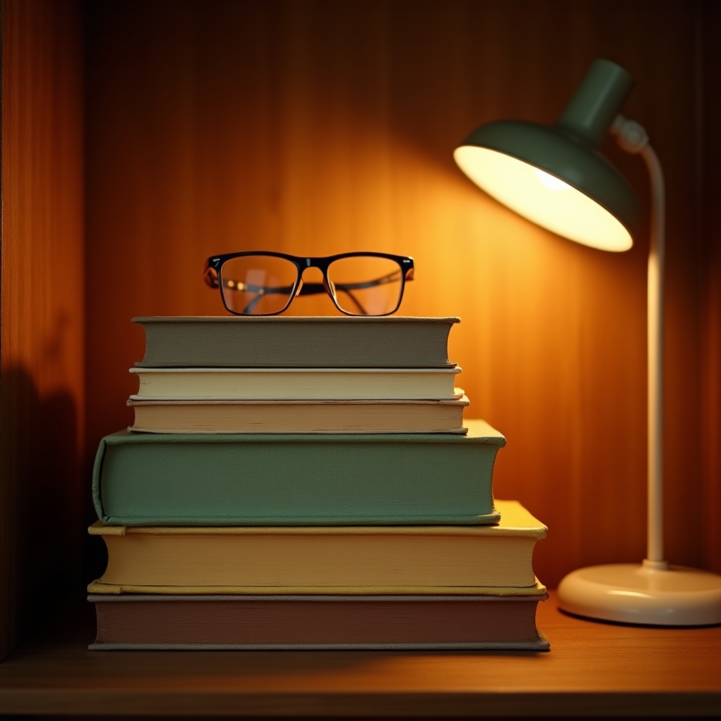 Stapel aufgeschlagener Bücher auf einem Holztisch in warmem Abendlicht