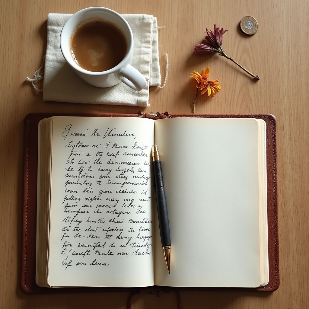 Aufgeschlagenes Notizbuch neben einer Tasse Kaffee als Symbol für persönliche Reflexion