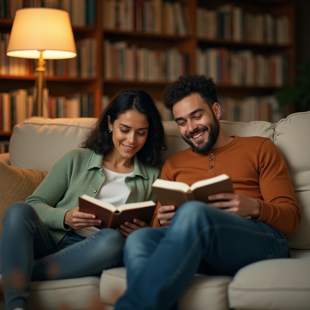 Zwei Menschen sitzen nebeneinander auf einem Sofa und lesen, entspannte Atmosphäre